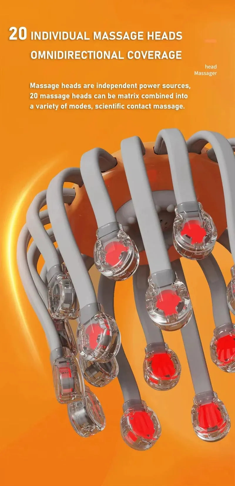 20Massage Heads Orange Scalp Head Massager Red Light Vibrator Octopus Scratcher for Relaxation Stress Migraine